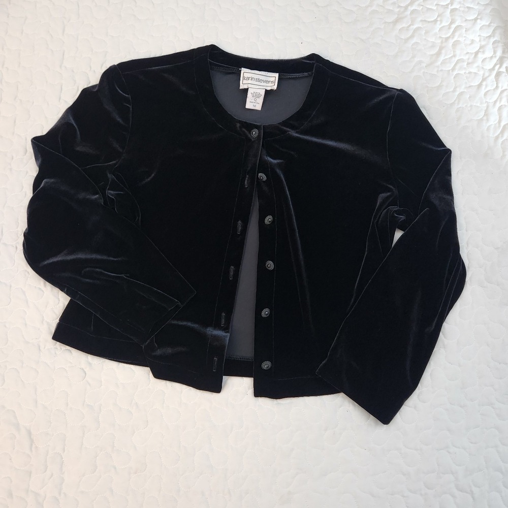 VTG 80s Black Velvet Cardigan Carved-Button Up Sweater L 14 bust to 38 BOXY